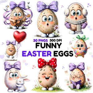 30 Funny Cute Easter Eggs Clipart PNG – Whimsical Quirky, Chicks, Spring Easter, Watercolor Vintage Easter Bunny, Floral Pastel Animals