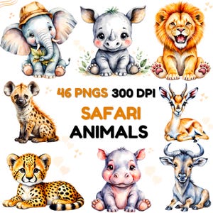 May include: A collection of watercolour-style illustrations featuring baby safari animals including an elephant with a hat, rhino, lion, hyena, gazelle, cheetah, hippo, and wildebeest, with the text 46 PNGS 300 DPI SAFARI ANIMALS displayed centrally.