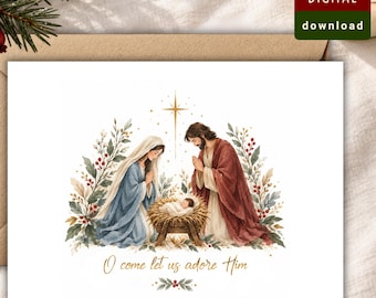 May include: A greeting card featuring a watercolor illustration of the Nativity scene with Mary in a blue robe and Joseph in a red robe kneeling by a manger with the baby Jesus. A gold star shines above, surrounded by greenery and the text O come let us adore Him.