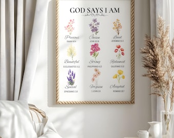 Dios dice que soy. Estampado floral. Lindo versículo bíblico imprimible. Afirmación. Arte de pared. Minimalista. Vintage. Escritura cristiana. Decoración para el hogar. Regalos.