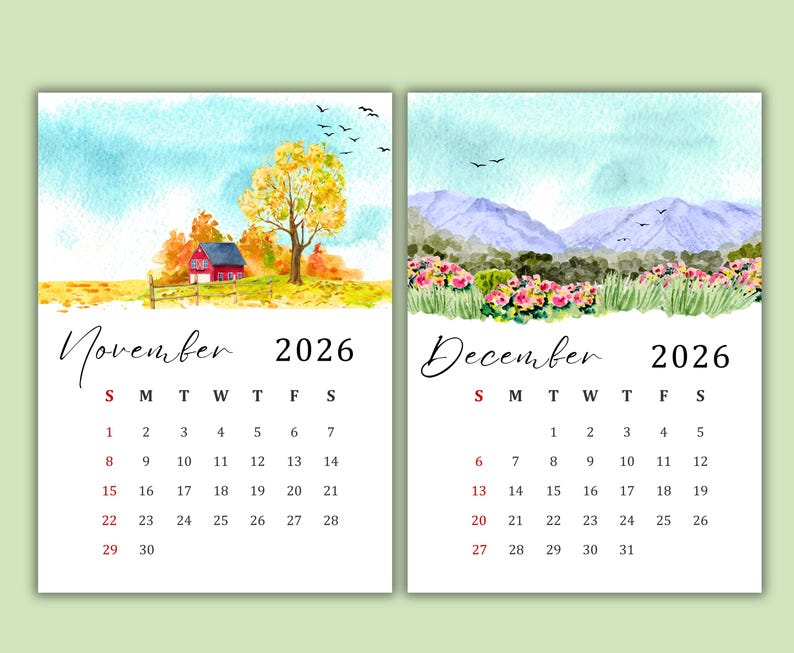 2026 Digital Printable Watercolor Calendar Vertical Wall Planner A4 and ...