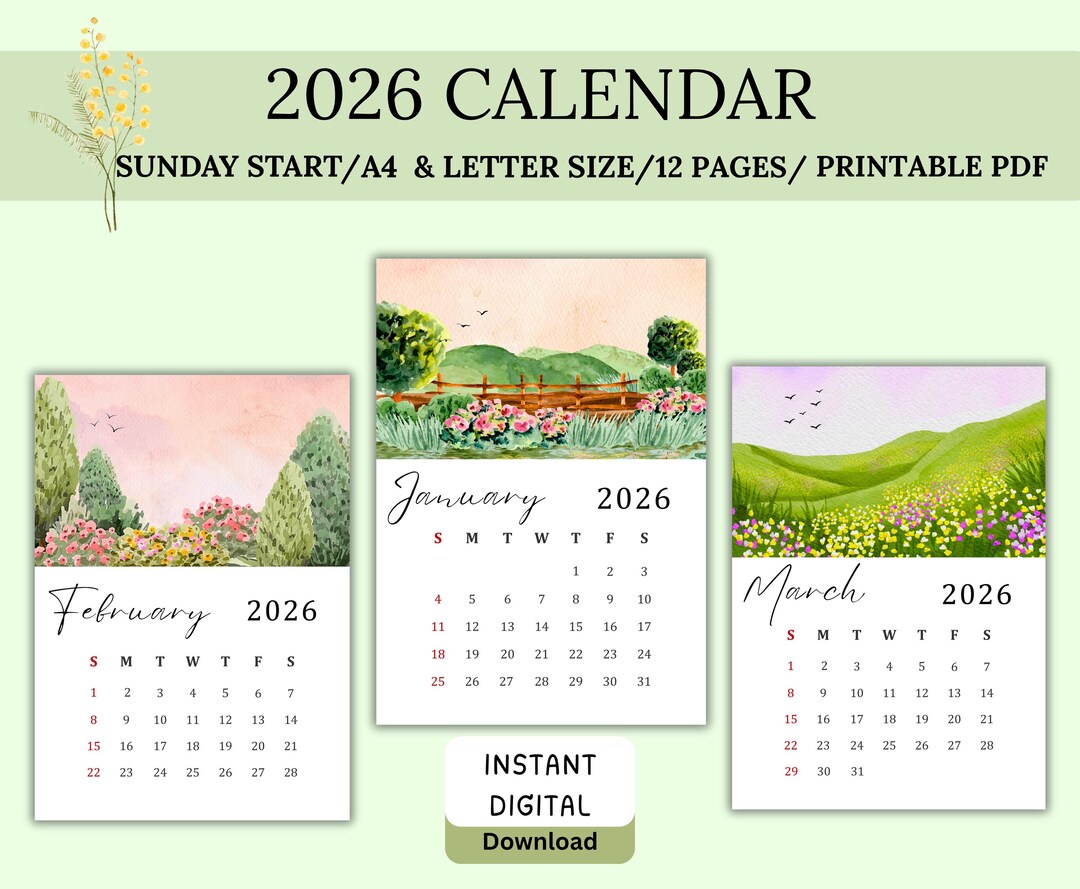 2026 Digital Printable Watercolor Calendar Vertical Wall Planner A4 and ...