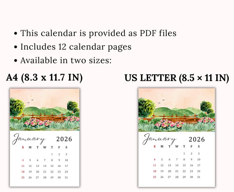 2026 Digital Printable Watercolor Calendar Vertical Wall Planner A4 and ...