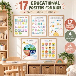 Op de afbeelding: Een set van 17 educatieve posters voor kinderen met cijfers, alfabet, zonnestelsel, seizoenen en gevoelens. De posters hangen aan een muur boven een houten plank met rieten manden. De tekst op de posters luidt 17 EDUCATIONAL POSTERS FOR KIDS.