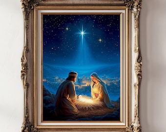 May include: A framed painting depicts the Nativity scene under a starry night sky. The artwork features Mary and Joseph kneeling beside the baby Jesus, illuminated by a bright light. The frame is ornate with gold and cream tones.