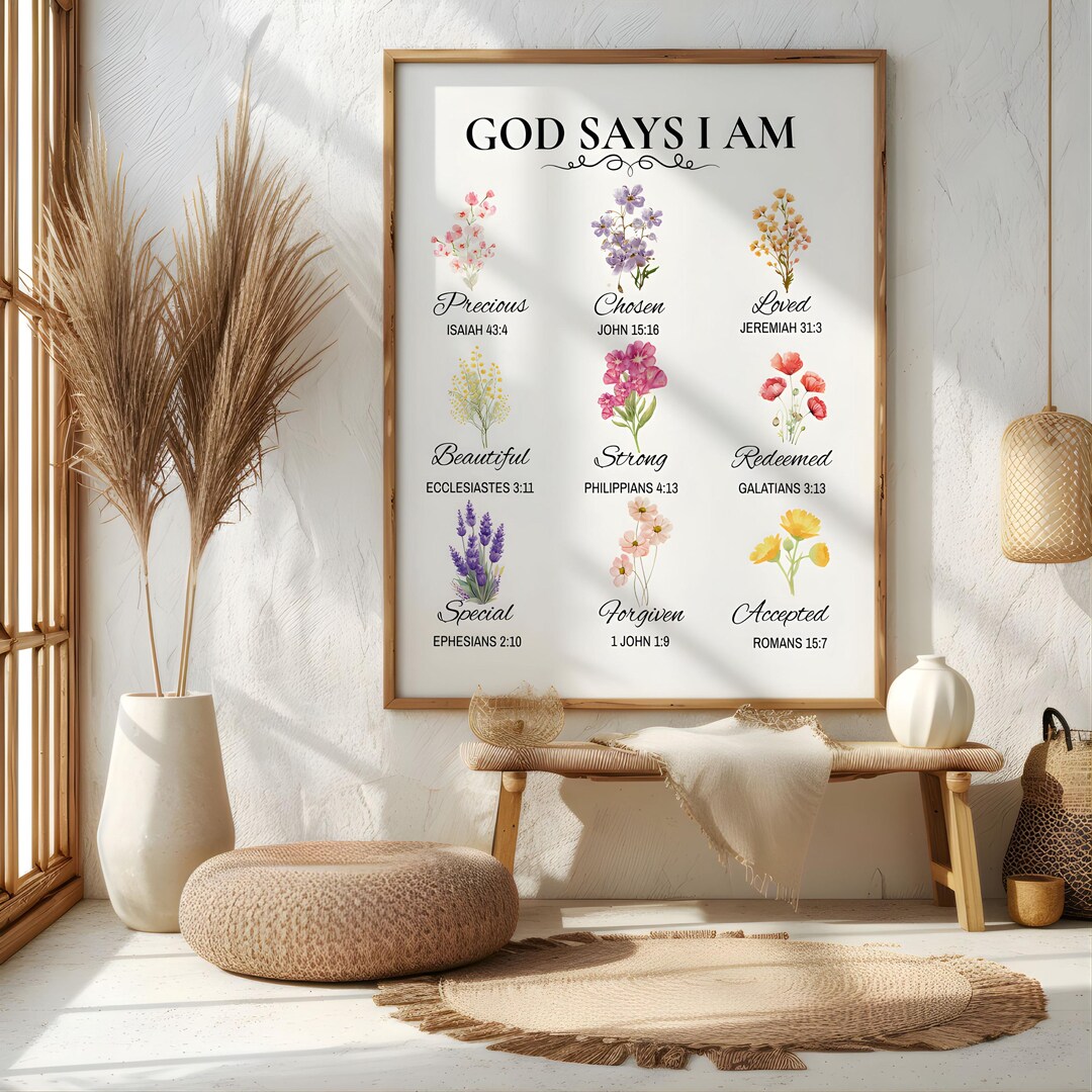 God Says I Am Floral Print Cute Printable Bible Verse Affirmation Wall ...