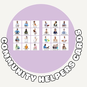 May include: A set of flashcards featuring various community helpers, including a doctor, nurse, teacher, police officer, and firefighter. The cards are arranged in a circular design with the words "Community Helpers Cards" around the edge.