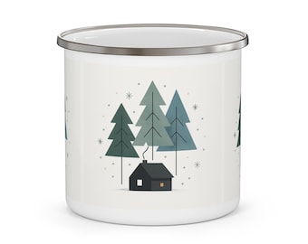 Taza esmaltada «Cabaña acogedora entre pinos» / Acampada invernal en el bosque