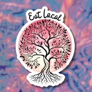 May include: A pink and white watercolor tree with black branches and roots. The tree is surrounded by a circle with the text "Eat Local" in black.