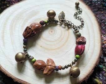 Forest Toadstools Bracelet Woodland Natural Seed Pods Magical Jewelry Earthy Mushrooms Jewellery Elf Fairy Forest Beaded Anklet Recycled Psy