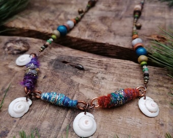 Wrap Necklace Spiral Shells Jewelry Earthy Jewellery Recycled Boho Seed Pod Seashell Shell Eco Festival Forest Beaded Textile Fiber Art Fae