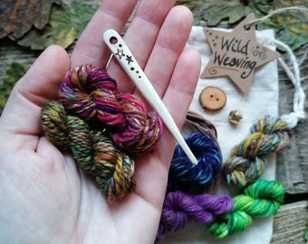 Pocket Size Wild Weaving Gift Set - Wild Crafted Travelling Handweaving Needle Rainbow Mini Handspun Art Yarn Hand Dyed Yarn Wooden Button