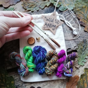 Pocket Size Wild Knitting Gift Set - Wild Crafted Travelling Knitting Needles Rainbow Mini Handspun Art Yarn Hand Dyed Yarn Wooden Button