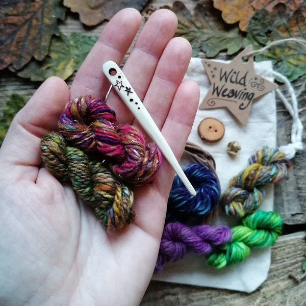 Pocket Size Wild Weaving Gift Set - Wild Crafted Travelling Handweaving Needle Rainbow Mini Handspun Art Yarn Hand Dyed Yarn Wooden Button