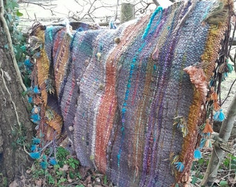 Handwoven Rug Magic Carpet Woven Handspun Art Yarn Weaving Plant Dyed Natural Wool Hand Dyed Art Yarns Blanket Rigid Heddle Loom Weave