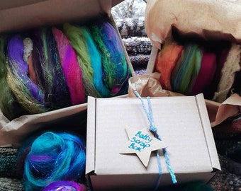 Batty Scrap Box Art Batt Surprise Mystery Rainbow Spinning Fiber Art Yarn Fibre Roving Merino Wool Dyed Silk Noil Handspinning Handspun Yarn