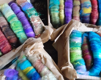 Rolags Scrap Box Surprise Mystery Rainbow Spinning Fiber Fibre Rolag Roving Merino Wool Hand Dyed Silk Noil Art Yarn Batt Handspun Yarn