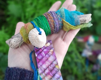 One Art Yarn Bundle On Branch Bobbin Rainbow Fiber Art Supplies Handspun Wool Hand Dyed Cotton Weaving Handweaving Tapestry Driftwood Spun