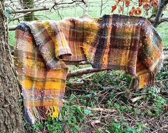 Plant Dyed Handwoven Shawl Autumn Natural Woven Blanket Wrap Handspun Art Yarn Weaving Tartan Plaid Wool Fiber Art Hand Dyed Earthy Scarf
