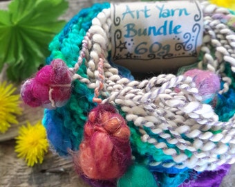 Pom Pom Art Yarn Bundle Bulky Handspun Hand Dyed Yarns Recycled Sari Ribbon Weaving Wool Tapestry Saori Fiber Art Fibre Crochet Knitting