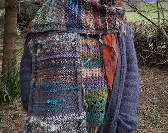 Hazel - Handwoven Scarf Wrap Brown Blue Purple Handspun Art Yarn Weaving Embroidered Hand Dyed Woven Shawl Wool Fiber Art Loom Weaving