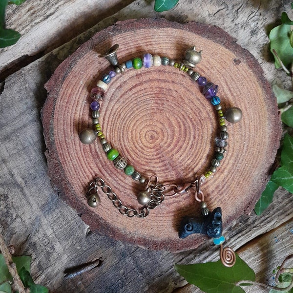 Witch Crow Cauldron Charm Bracelet Magical Forest Jewelry Woodland Earthy Witch Bells Jewellery Elf Fairy Leaf Woods Anklet