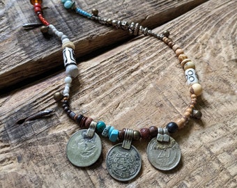 Coin Necklace Earthy Bohemian Jewelry Tribal Coins Bead Jewellery Natural Boho Beads Bells Psy Festival Nomad Hippie Hippy Recycled Eco