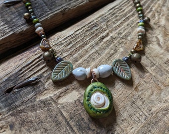 Earthy Necklace Spiral Shell Leaves Bells Magical Forest Jewelry Tree Magic Witch Elf Pagan Jewellery Woodland Dark Psy Fairy Recycled Beads