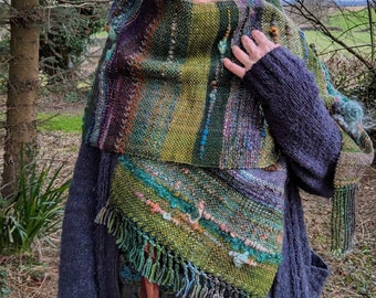 The Moss - Handwoven Shawl Wrap Green Handspun Art Yarn Weaving Forest Hand Dyed Woven Blanket Wool Fiber Art Loom Weaving Woodland Leaves