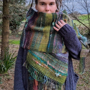 The Moss - Handwoven Shawl Wrap Green Handspun Art Yarn Weaving Forest Hand Dyed Woven Blanket Wool Fiber Art Loom Weaving Woodland Leaves