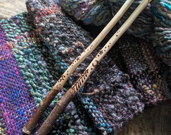 Woodland Knitting Needles - Magical Hand Carved Wood Wooden Rustic Forest Moon Stars Wool Craft Hand Knit Crafted Needles Knitters Fairy