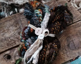 Set Of ART YARNS Wild Spun Sea Finds Handspun Weaving Yarn Ceramic Buttons Driftwood Textured Wool Shells Fiber Art Fibre Crochet Knitting
