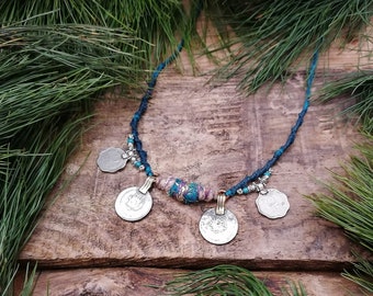 Coin Necklace Earthy Jewelry Micro Macrame Indigo Dyed Cotton Unique Jewellery Silver Blue Indian Coins Psy Goa Style Tribal Boho Bohemian