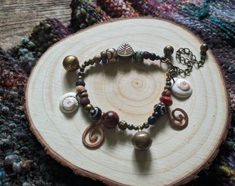 Spirals Charm Bracelet Magical Forest Woodland Witch Jewelry Woodland Earthy Witch Bells Jewellery Shells Elf Fairy Leaf Woods Leaves