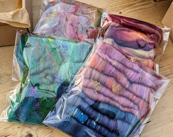 Surprise Fibre Box - Hand Dyed Spinning Fiber Rolags Art Batt Roving Merino Wool Top Batts Recycled Sari Silk Yarn Handspinning Supplies