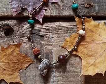 Tribal Necklace Shells Earthy Jewelry Rudraksha Seashells Bohemian Jewellery Sea Natural Coconut Wood Bells Brass Beads Festival Boho Gypsy