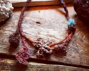 Textile Art Necklace Artisan Statement Pompom Silk & Wool Felted Pom Pom Jewellery Handspun Art Yarn Fiber Fibre Leaf Jewelry Felt Lagenlook