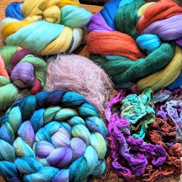 Big Fiber Goodie Bag - Random Colours Spinning Fibre Hand Dyed Merino Braid Wool Tops Felting Crafts Angelina Silk Waste Art Batt Roving
