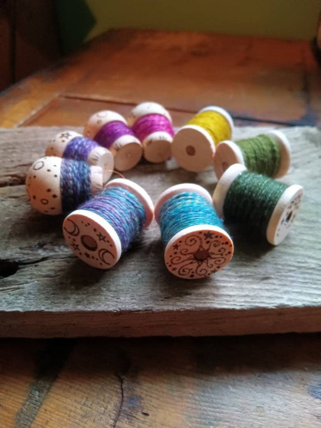 Rainbow Set of 9 X Handspun Threads on Bobbins Reels Hand Dyed Fiber ...