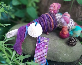 Art Yarn Bundle On Branch Bobbin Rainbow Pom Pom Fiber Art Supplies Handspun Wool Hand Dyed Weaving Handweaving Tapestry Driftwood Hand Spun