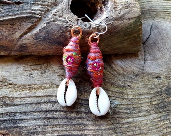 Cowrie Shell Dangle Earrings Copper Jewellery Recycled Fabric Ear Rings Artisan Wire Wrap Jewelry Tribal Style Sari Festival Batik