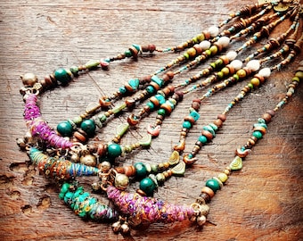 Boho Necklace Earthy Bohemian Jewelry Jewellery Natural Coconut Wood Beads  Bells Festival Hippie Hippy Witch Bells Recycled