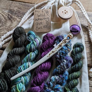 Wild Woodland Weaving Gift Set - Wild Crafted Travelling Handweaving Needle Tools Handspun Art Yarn Hand Dyed Yarn Wooden Forest Button