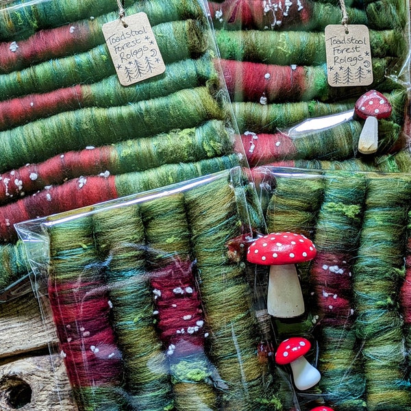 Toadstool Forest Rolags - Spinning Fiber Fibre Rolag Roving Merino Wool Toadstools Silk Flax Art Yarn Batt Handspun Yarn Handspinning