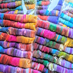 Rainbow Rolags - Spinning Fiber Recycled Fibre Rolag Roving Merino Wool Sari Silk Flax Art Yarn Batt Handspun Yarn Handspinning Supplies