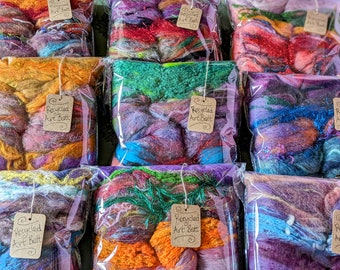 SuRpRiSe RECYCLED BATT Wild Fiber ART Rainbow Scrap Yarn Spinning Fiber Textured Roving Merino Wool Recycled Sari Silk Handspun Art Yarn