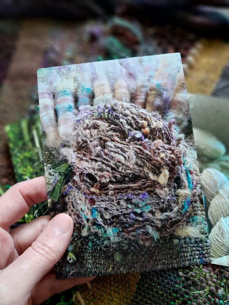 Set Of Four Postcards Greeting Birthday Letter Friend Fiber Art Crochet Knitting Weaving Handspun Yarn Handspinning Handweaving Drop Spindle image 4