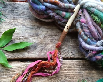 Hand Carved Crochet Hook Wooden Handmade Sun Stars Forest Wild Crafted Natural Wool Craft Plant Dyed Hedge Wool Witch Wood Branch Fairy