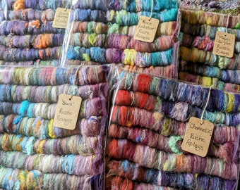 Rustic Rolags - Hand Dyed Texture Spinning Fiber Fibre Rolag Roving Merino Wool Recycled Sari Silk Flax Art Yarn Batt Handspun Yarn Supplies