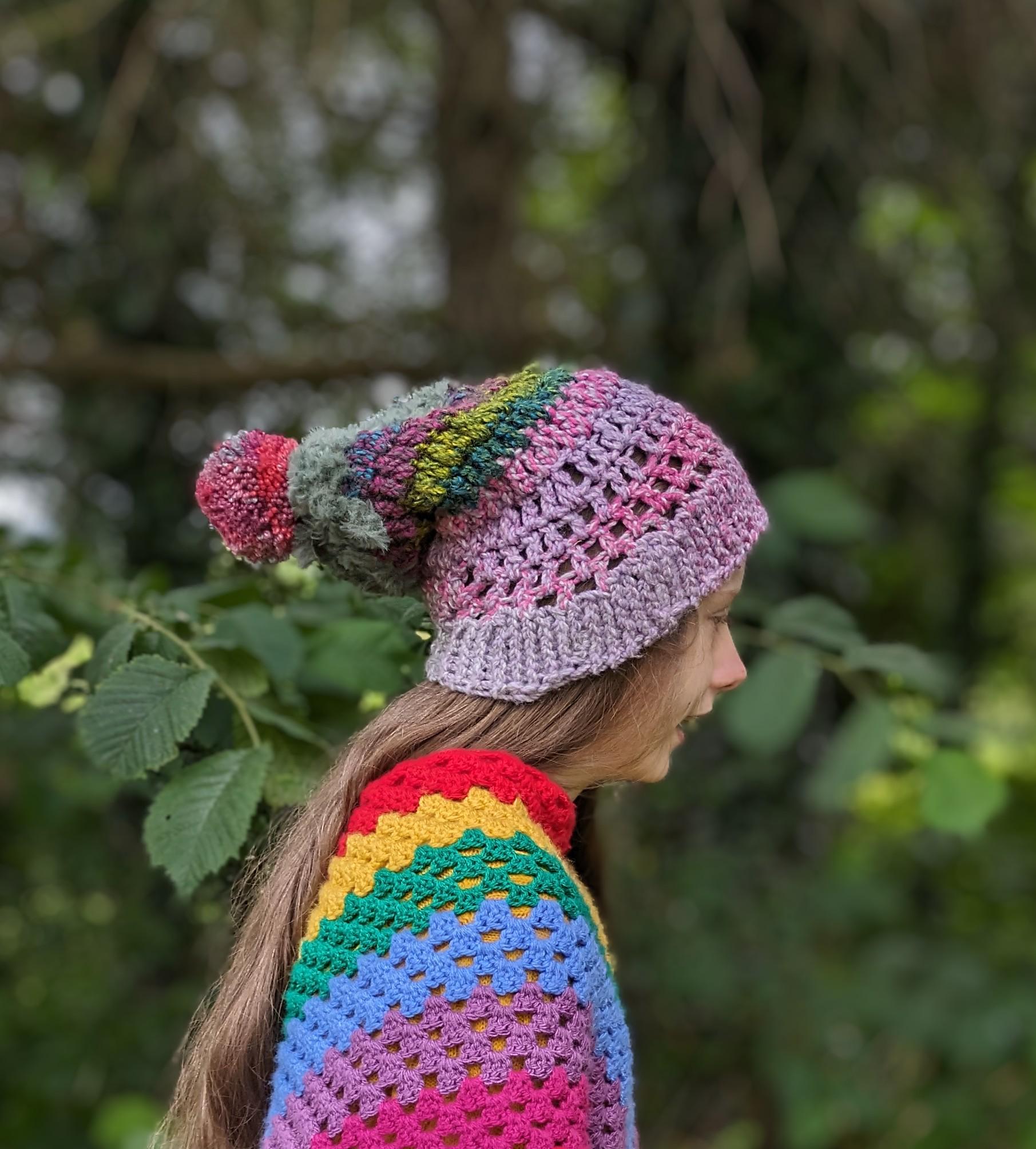 Adult Rainbow Pryde Hand Crochet Pom Beanie - Multicolor One Size Free Easy Caron Crochet Prismatic Hat Pattern | Yarnspirations main image 3